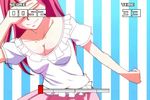  breasts cleavage covering_eyes frills long_hair lowres medium_breasts red_hair screencap shirt smile solo striped striped_background white_shirt zettai_ryouiki_new 