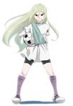  afuro_terumi ball bike_shorts blonde_hair cleats inazuma_eleven inazuma_eleven_(series) kneehighs long_hair male_focus oboro_(hainyuu) red_eyes sash smile soccer_ball solo telstar tunic very_long_hair white_background zeus_(inazuma_eleven) 