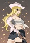  back blonde bra breasts brown_eyes cowboy_hat denim denim_shorts elbow_gloves fingerless_gloves flames gloves gun hat large_breasts long_hair looking_back midriff oppai oshiri shirt short_shorts shorts side sideboob tied_shirt transparent_clothing 