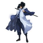  absurdres artist_request basilisk_(manga) black_hair full_body hakama highres japanese_clothes katana kouga_gennosuke looking_at_viewer male_focus official_art ponytail sandals solo sword unsheathed weapon white_background wide_sleeves yellow_eyes 