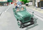  3girls aizawa_eiko car ground_vehicle highres ikamusume jeep motor_vehicle mr._tokita multiple_girls real_world_location road shinryaku!_ikamusume tokita_ayumi toyota willysmc 