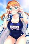  artist_request belly blush bracelet braid breasts cleavage coat competition_swimsuit curvy embarrassed glasses hairband jewelry large_breasts long_hair lowres one-piece_swimsuit orange_hair school_swimsuit solo swimsuit sword_girls tears twin_braids 