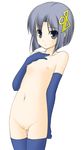  98-tan blue_eyes blue_hair blue_legwear censored elbow_gloves flat_chest gloves hair_ornament hand_on_own_chest highres nipples nude os-tan pointless_censoring pussy short_hair simple_background solo tapioka_(coconuts) thighhighs white_background 