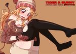  ass black_legwear blonde_hair blush breasts brown_eyes busanterious_(dirty_star) cleavage earbuds earphones gloves hat karina_lyle long_hair medium_breasts off_shoulder signature simple_background single_earphone_removed solo sweater tears thighhighs tiger_&amp;_bunny torn_clothes torn_legwear watch wristwatch 
