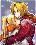  1girl ahoge blonde_hair blue_eyes blush braid coat couple earrings edward_elric fullmetal_alchemist gloves heart height_difference hetero hug jewelry long_hair ponytail scarf snowflakes tsukuda0310 white_gloves winry_rockbell winter winter_clothes yellow_eyes 