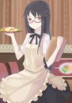  apron bad_id bad_pixiv_id black_hair brown_eyes food frills glasses hao_(patinnko) long_hair matsumoto_maya menu omurice red-framed_eyewear restaurant ribbon semi-rimless_eyewear sitting smile solo under-rim_eyewear waitress working!! 