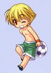  ball black_(artist) blonde_hair chibi child cropped fate/hollow_ataraxia fate/stay_night fate_(series) gilgamesh male_focus one_eye_closed open_mouth red_eyes sandals shirtless shorts smile soccer_ball 