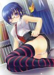  blue_hair book cameltoe cleavage konomi megane meguri oshiri pantsu short_hair solo thighhighs 