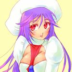  atwight_eks blush breasts hat long_hair medium_breasts purple_hair red_eyes solo tales_of_(series) tales_of_destiny tales_of_destiny_2 yabuki_haru yellow_background 
