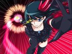  agahat attack black_hair blue_eyes breasts cleavage dark_precure elbow_gloves gloves heartcatch_precure! highres mismatched_sclera precure red_background short_hair small_breasts thighhighs yellow_sclera 