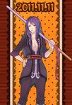  2011 bracelet coat food food_in_mouth hand_on_hip jewelry lancelot42991 left-handed long_hair male_focus mouth_hold over_shoulder pants pocky purple_eyes purple_hair solo tales_of_(series) tales_of_vesperia yuri_lowell 