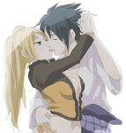  2boys black_hair blonde_hair blue_eyes breasts cleavage coat couple eyes_closed genderswap hand_holding incipient_kiss long_hair midriff multiple_boys nar_tui naruko naruto navel orange_panties panties side-tie_panties uchiha_sasuke underwear uzumaki_naruto 