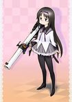  akemi_homura akemi_homura_(cosplay) bazooka black_eyes black_hair cosplay glasses gundam hairband hayami_yuujirou highres long_hair mahou_shoujo_madoka_magica minakami_mai nichijou pantyhose solo weapon 