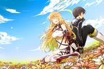  1girl back-to-back black_hair blonde_hair boots closed_eyes cloud coat couple day flower full_body gloves hetero holding_hands jude_mathis knee_boots long_hair midriff milla_maxwell navel outdoors pants satsu shirt sitting sky smile strapless tales_of_(series) tales_of_xillia taut_clothes taut_shirt tubetop wariza 