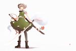  black_legwear blue_eyes blush boots bow bowtie dress_shirt dual_wielding flower hairband highres holding katana kokotetsu konpaku_youmu konpaku_youmu_(ghost) pantyhose ribbon scabbard sheath sheathed shirt short_hair silver_hair skirt solo standing sword tassel touhou vest weapon 