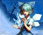  bare_tree blue_hair bow cirno frame hair_bow higashiyama_hayato hill ice short_hair short_sleeves slit_pupils solo touhou tree wings winter yellow_eyes 