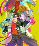  fingerless_gloves gloves hand_in_pocket hat highres jojo_no_kimyou_na_bouken kuujou_joutarou long_coat male_focus pointing siori stand_(jojo) star_platinum 