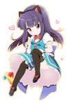  animal_ears black_legwear blue_dress cat_ears dress furude_rika hairband heart higurashi_no_naku_koro_ni long_hair purple_eyes purple_hair smile solo thighhighs upskirt wrist_cuffs yukiu_kon 