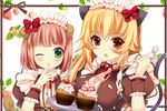  :3 ;3 animal_ears bangs blonde_hair blunt_bangs blush bob_cut bow breasts cat_ears cat_tail cherry cupcake dog_ears dog_tail finger_to_mouth food fruit green_eyes icing long_hair maid maid_headdress medium_breasts multiple_girls one_eye_closed open_mouth original pastry_bag pink_hair red_eyes ribbon short_hair tail upper_body usagihime wrist_cuffs 