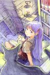  arm_support book bow cat from_above from_behind hair_bow hirokazu lantern library looking_at_viewer looking_back original purple_eyes purple_hair ribbon sitting sitting_on_stairs solo stairs 