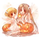  alternate_hairstyle angel_wings bad_id bad_pixiv_id bare_shoulders blonde_hair green_hair halloween higurashi_no_naku_koro_ni houjou_satoko jack-o'-lantern kneeling midori-neko multiple_girls skirt sonozaki_shion twintails white_skirt wings 