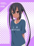  arms_behind_back black_hair blush brown_eyes character_name ikari_manatsu k-on! long_hair nakano_azusa shirt smile solo t-shirt tan tanline twintails 