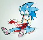  2018 5_fingers anthro biped blood clothing fear footwear full-length_portrait fur gloves gore green_eyes invalid_tag male mammal pain painting_(artwork) portrait scared shocked shoes simple_background sitting solo sonic_(series) sonic_the_hedgehog toony traditional_media_(artwork) triplecancer watercolor_(artwork) white_background wounded 