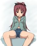  4shi bow denim denim_shorts food hair_bow long_hair mahou_shoujo_madoka_magica mouth_hold navel pocky red_eyes red_hair sakura_kyouko shorts solo spread_legs 