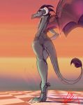  2019 absurd_res alumx anthro butt_pose curved_horn detailed_background digital_media_(artwork) digital_painting_(artwork) dragon female friendship_is_magic hands_on_hips heel_claw hi_res horn looking_back looking_down low-angle_view membranous_wings my_little_pony nude princess_ember_(mlp) solo spines standing wide_hips wings worm&#039;s-eye_view 