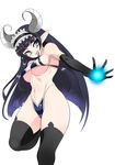  bad_id bad_pixiv_id bare_shoulders bikini black_legwear blue_eyes blue_hair breasts cameltoe covered_nipples elbow_gloves energy_ball gloves groin highleg highleg_bikini highres horns large_breasts long_hair magic navel open_mouth original pointy_ears ribs simple_background smile solo string_bikini swimsuit tennen0201 thighhighs thighs underboob 