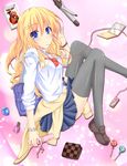  alternate_costume blonde_hair blue_eyes cellphone cellphone_charm cellphone_strap colorized flask_(pandora) highres kirisame_marisa noumin phone school_uniform sleeves_pushed_up solo thighhighs toppo touhou 