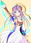  art_brush bangs blue_eyes breasts choker cleavage dress earrings grandia grandia_i hat highres image_sample jewelry kayama_kenji liete_(grandia) magic md5_mismatch paintbrush parted_bangs pixiv_sample pointy_ears purple_hair short_hair sidelocks small_breasts smile solo yellow_background 