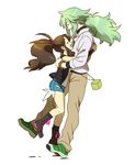  1girl ^_^ bare_legs boots bream-tan brown_hair closed_eyes couple denim denim_shorts full_body green_hair height_difference hetero hug long_hair n_(pokemon) no_hat no_headwear open_mouth pokemon pokemon_(game) pokemon_bw ponytail shorts simple_background touko_(pokemon) vest wristband 