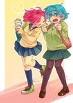  bag blue_hair bookbag converse crepe earrings eating food highres jewelry kneehighs multiple_girls open_mouth original pantyhose pink_hair pleated_skirt shoes siori skirt sneakers 