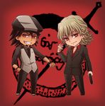  blonde_hair brown_hair chibi ebitetsu facial_hair formal gun lunarclinic male_focus multiple_boys necktie ouroboros ourobunny red_eyes stubble suit tattoo tiger_&amp;_bunny vest waistcoat weapon 