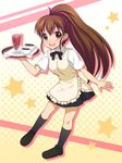  :d bad_id bad_pixiv_id brown_eyes brown_hair cup drink halftone halftone_background long_hair open_mouth ponytail smile solo star taneshima_popura totokichi tray very_long_hair waitress working!! 