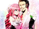  asdge23 black_hair blue_eyes blush choker cross dracule_mihawk drill_hair earrings facial_hair flower gloves hair_flower hair_ornament jewelry kuraigana_island leaf long_hair mustache necklace one_piece open_clothes open_shirt perona pink_hair rose shichibukai shirt 