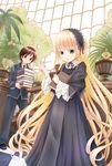  1girl black_dress book brown_eyes chin_strap copyright_name dress gosick gotou_hisashi green_eyes hairband highres kujou_kazuya lolita_fashion lolita_hairband long_hair looking_at_viewer palm_tree pipe plant school_uniform tree very_long_hair victorica_de_blois 