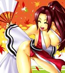  absurdres bare_shoulders breasts brown_hair cleavage closed_eyes fan fatal_fury folding_fan hanging_breasts highres japanese_clothes large_breasts leaning_forward legs long_hair no_panties pelvic_curtain pleasure-treasure ponytail revealing_clothes shiranui_mai solo the_king_of_fighters thighs 