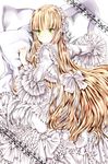  bangs bed blonde_hair blunt_bangs cloud_lambeth dress frilled_sleeves frills gosick green_eyes hairband lolita_fashion lolita_hairband long_hair on_bed pillow solo too_many too_many_frills very_long_hair victorica_de_blois white 