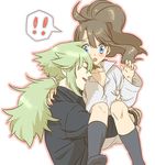  1boy 1girl bad_id bad_pixiv_id black_legwear blue_eyes blush bream-tan brown_hair carrying casual closed_eyes couple green_hair hetero long_hair n_(pokemon) no_hat no_headwear open_mouth pokemon pokemon_(game) pokemon_bw ponytail princess_carry simple_background surprised touko_(pokemon) 