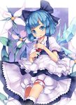  alternate_costume bloomers blue_eyes blue_hair blush bow cirno dress flower hair_bow highres mikan_(bananoha) ribbon short_hair solo touhou underwear wings 