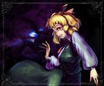  black_dress blonde_hair claws cloud dress fingernails frame hair_ribbon higashiyama_hayato long_fingernails long_sleeves moon moonlight nail_polish necktie night profile puffy_long_sleeves puffy_sleeves red_eyes ribbon rumia short_hair slit_pupils smile solo touhou 