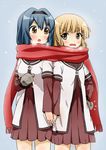  blonde_hair blue_hair breath brown_eyes fang furutani_himawari hair_ornament hairband hairclip hand_on_hip highres holding_hands interlocked_fingers long_sleeves mittens multiple_girls nanamori_school_uniform oomuro_sakurako open_mouth red_scarf scarf school_uniform serafuku shared_scarf sharing short_over_long_sleeves short_sleeves tsundere udan yuri yuru_yuri 