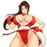  ameoto bare_shoulders breasts brown_eyes brown_hair cleavage closed_fan fan fatal_fury fingerless_gloves folding_fan gloves highleg huge_breasts long_hair panties pelvic_curtain ponytail revealing_clothes shiranui_mai solo the_king_of_fighters underwear 