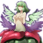  aura black_sclera blush breasts covering covering_breasts flower green_hair groin highres kazami_yuuka medium_breasts monster_girl monsterification navel nude plant_girl red_eyes reon_(saikyou) short_hair solo touhou wings 