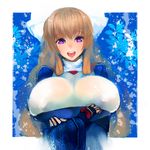  :d aco_(koaya_ako) aoi_kimi bow breast_hold breasts brown_eyes brown_hair covered_nipples crossed_arms fingerless_gloves gloves huge_breasts kyoukaisenjou_no_horizon long_hair open_mouth purple_eyes smile solo 