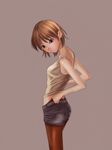  adjusting_clothes adjusting_legwear bad_id bad_pixiv_id baqu_(pixiv_id_1445796) blue_eyes brown_hair brown_legwear copyright_request highres legwear_under_shorts pantyhose pantyhose_pull short_hair shorts simple_background solo 