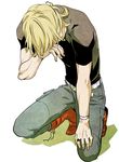  barnaby_brooks_jr belt blonde_hair boots head_down jewelry male_focus matsumoto_mikan ring shirt shoelaces solo studded_belt t-shirt tears tiger_&amp;_bunny wiping_tears 