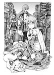  absurdres akemi_homura beret bow cape city cover drill_hair graphite_(medium) greyscale gun hair_bow hair_ornament hairband hairclip hat highres kyubey long_hair magical_girl magical_musket mahou_shoujo_madoka_magica miki_sayaka monochrome multiple_girls nobita pantyhose sakura_kyouko short_hair thighhighs tomoe_mami traditional_media twin_drills twintails weapon zettai_ryouiki 